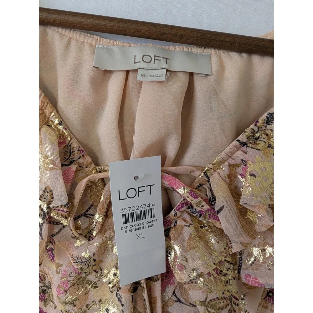 LOFT Womens Floral Ruffle Neck Long Sleeve Blouse Gold Pink Metallic Size XLNew - Picture 5 of 8